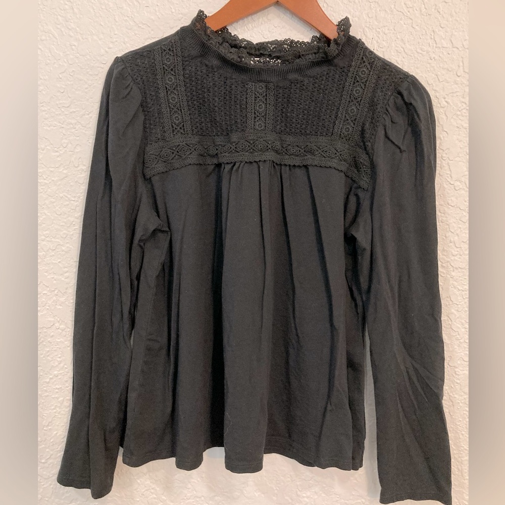 LOFT Black Crochet-Detail High Neck long sleeve top with pleated sleeves - Picture 2 of 4